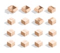 Set of 16 realistic isometric cardboard boxes with texture