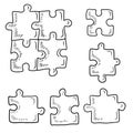 Set of realistic jigsaw puzzles, separate and four in black isolated on white background. Hand drawn vector sketch illustration in