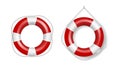 Set of realistic lifebuoys, white and red striped rescue life preserver rings. Lifesavers lifeguards Royalty Free Stock Photo