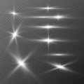 Set of realistic light glare, highlight. Silver glitter shining stars, glowing sparks on transparent background Royalty Free Stock Photo