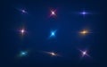 Set of realistic light glare, highlight. Collection of beautiful bright lens flares. Lighting effects of flash. Vector Royalty Free Stock Photo