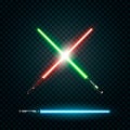 Set of realistic light swords. Crossed sabers. Vector illustration on dark background