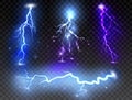 Set of realistic lightnings on transparent background. Thunder-storm and thunderbolt for design. Vector illustration