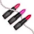 Set Realistic lipsticks with bright colors on white background, cosmetic Open tubes with cosmetics for women makeup