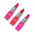 Set Realistic lipsticks with bright colors on white background, cosmetic Open tubes with cosmetics for women makeup