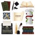 Set of realistic literature objects pens with inkwell vintage books and typewriter isolated illustration