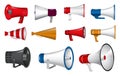 Set of realistic megaphone isolated or bullhorn loudspeaker voice device mouthpiece speaking or electric trumpet megaphone.