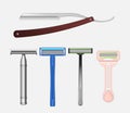 Set of realistic metal razors for shaving. Sharp shave plastic and retro equipment for hygiene