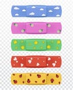 Set of realistic multi-colored medical plasters with various patterns