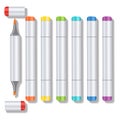 Set realistic multicolored professional art marker with two tips and removable caps. Markers of all colors of the