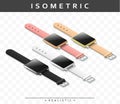 Set of realistic multicolored smart watch in isometric. Isolated clock