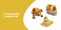 Set of realistic objects for construction. Yellow vest, signal cone, concrete mixer