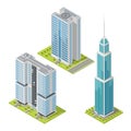 Set of realistic office buildings, isometric skyscrapers. Vector illustration.
