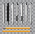 Set of Realistic office pens and pencil isolated on transparent background. Office stationery Blank white and black pen