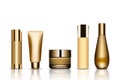 Set of realistic package for luxury cosmetic product. Collection of empty blank template of plastic containers with gold