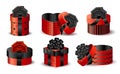 Set of realistic packing boxes 3D red with black bow. Vector isolated objects on a white background Present for christmas and new