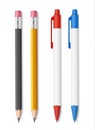 Set of realistic pencils with eraser and blue and red pens isolated on white background