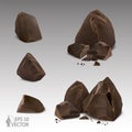 Set of realistic pieces of broken chocolate, chocolate chips, closeup, cocoa, sweets, 3d vector icon Royalty Free Stock Photo