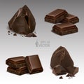 Set of realistic pieces and slices of chocolate. Dark chocolate, broken crumbs, 3d vector illustration Royalty Free Stock Photo