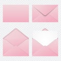 Set of realistic pink envelopes mockup. Realistic pink envelopes in different positions. Folded and unfolded envelope mockup.