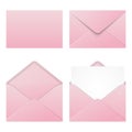 Set of realistic pink envelopes mockup. Realistic pink envelopes in different positions. Folded and unfolded envelope mockup.