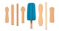 Set of realistic popsicle sticks. Blue ice cream 3D. Vector illustration, summer season.