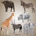A set of realistic popular African animals - oryx, giraffe, elephant, zebra, rhino, buffalo