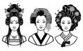 Set of realistic portraits of the young Asian girls with different hairstyles. China, Japan, Korea.