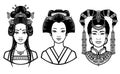 Set of realistic portraits of the young Asian girls with different hairstyles. China, Japan, Mongolia.