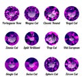 Set of realistic purple amethysts with round cuts