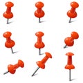 Set of realistic push pins in red color. Thumbtacks