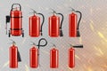 Set of realistic red extinguishers isolated on the background of fiery sparks: different types of handle extinguishers, water,
