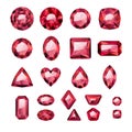 Set of realistic red jewels. Rubies isolated.