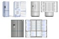 Set of realistic refrigerator with one door or open refrigerator with two doors full of food vegetable meat fish Royalty Free Stock Photo