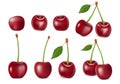 Set of realistic ripe cherry with leaves. Templates for juice, healthy diet and nutrition advertising. Red Cherry