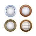 Set of round oval windows, portholes. Illuminators on submarine, ship.