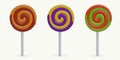 Set of realistic round spiral lollipops of different colors. Sweet caramel on stick