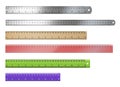 Set of realistic rulers: plastic and metal of different length and color with measures Royalty Free Stock Photo