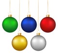 Set of realistic shiny colorful hanging christmas baubles isolated on white background