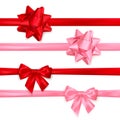 Set of realistic shiny red and pink bows. Decoration element for Valentines day or other holiday. Vector isolated on white Royalty Free Stock Photo