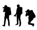 Set realistic silhouettes of three men tourist photographer with camera and backpack, vector Royalty Free Stock Photo