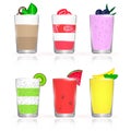 Set of realistic smoothies in glasses, Chocolate, Strawberry, blueberry, kiwi, watermelon, mango, fresh drinks, Juice