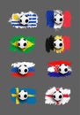 Set of Realistic soccer ball on flag of Uruguay, France, Brazil, Belgium, Russia, Croatia, Sweden, England made of brush strokes.