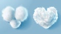 Set of realistic soft balls of wool fiber or white fur, medical cotton swabs in the shape of clouds and hearts isolated