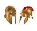 Set realistic Spartan Ancient Greek, Roman helmet. Bronze protective headgear.
