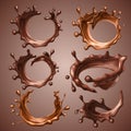 Set of realistic splashes and drops of melted dark and milk chocolate. Dynamic circle splashes of whirl liquid chocolate Royalty Free Stock Photo