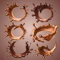 Set of realistic splashes and drops of melted milk and dark chocolate. Dynamic circle splashes of whirl liquid chocolate