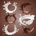 Set of realistic splashes and drops of milk and melted chocolate. Dynamic circle splashes of whirl liquid chocolate