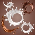 Set of realistic splashes and drops of milk and melted chocolate. Dynamic circle splashes of whirl liquid chocolate Royalty Free Stock Photo