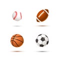 Set of realistic sport balls for soccer, basketball, baseball and rugby on white Royalty Free Stock Photo